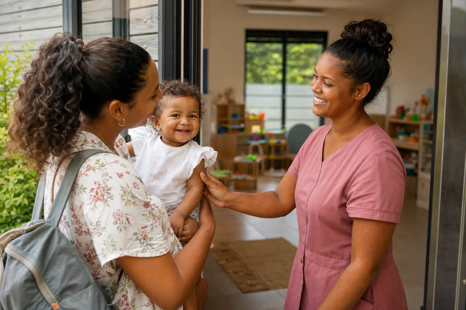 Échange convivial entre parents et équipe de la crèche