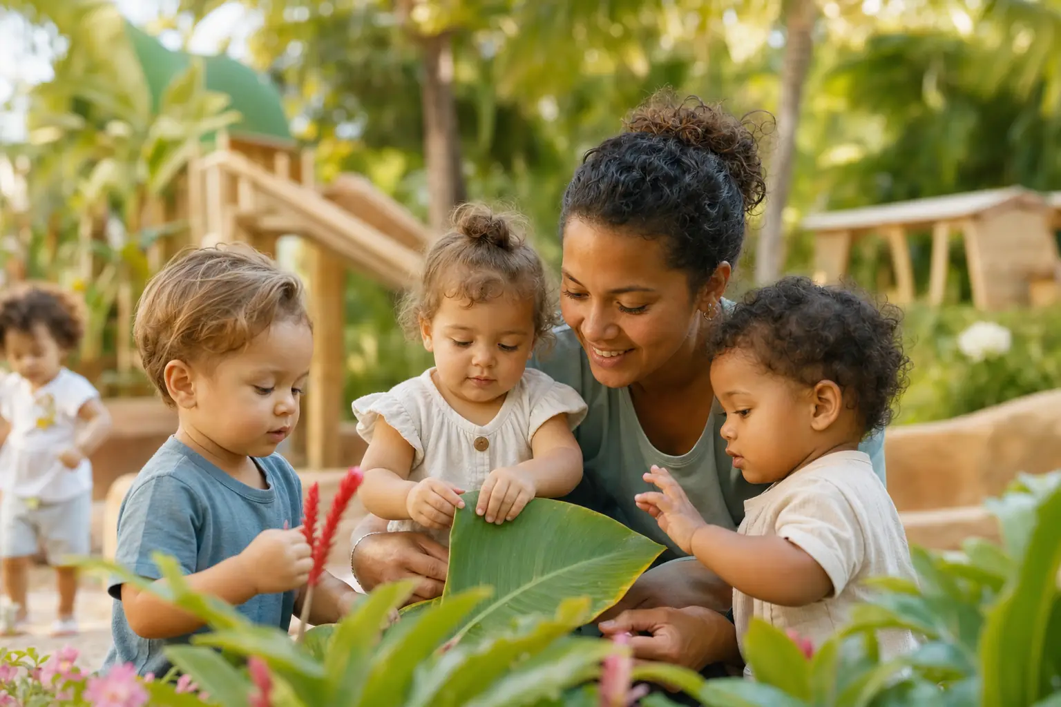 Enfants découvrant la nature dans le jardin de la crèche